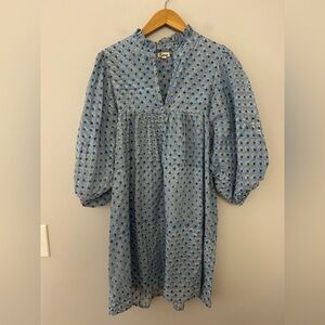 Karni Blue Floral Block Print Puff Sleeve Mini Dress